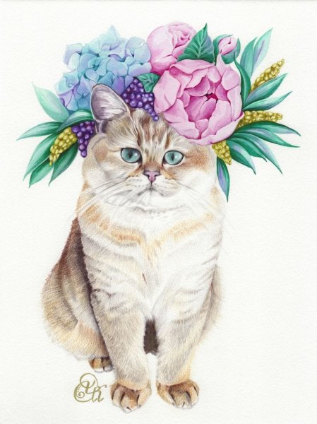 Кошка в цветах акварель