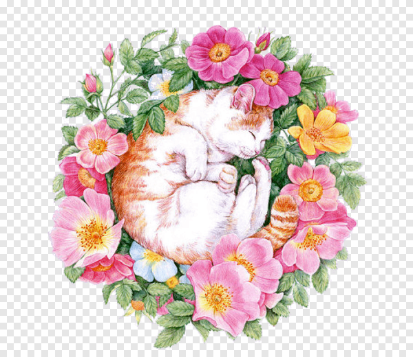 Кошка в цветах акварель
