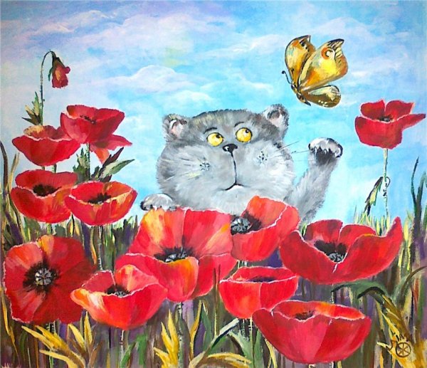 Кот в маках живопись