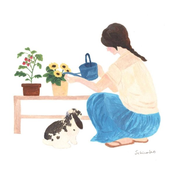 Девочка поливает цветы