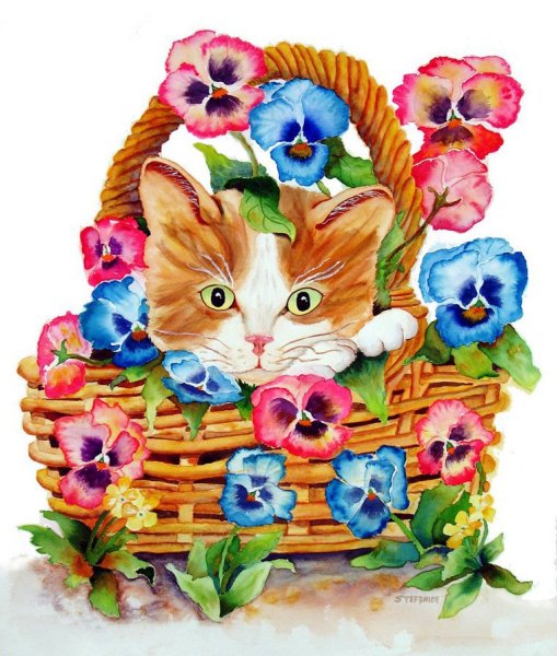 Котенок с букетом акварель