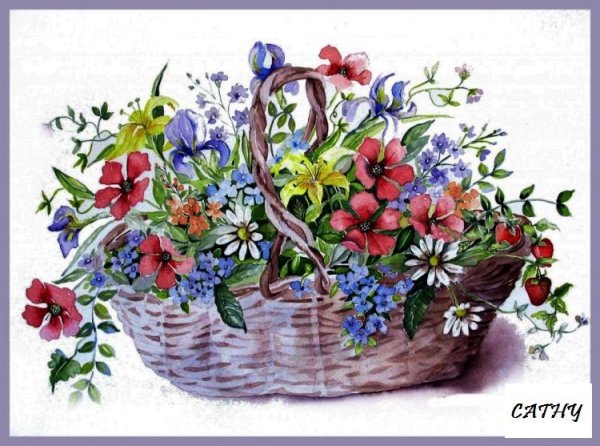 Корзинка с цветами акварель