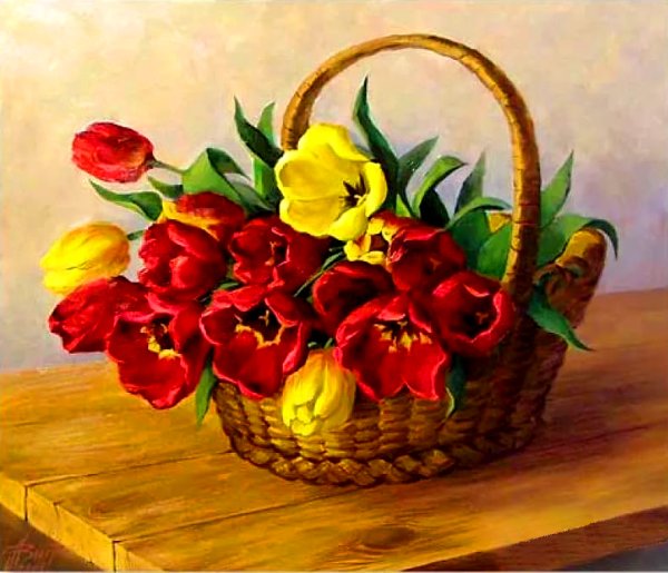 Корзинка с цветами красками