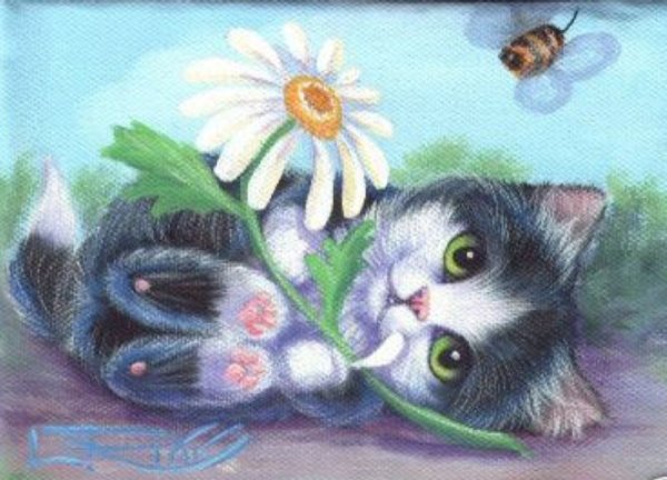 Кошка в цветах акварель