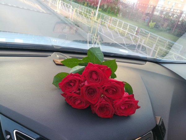 Букет цветов в машине на сиденье
