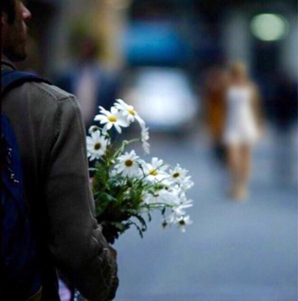 Парень дарит цветы