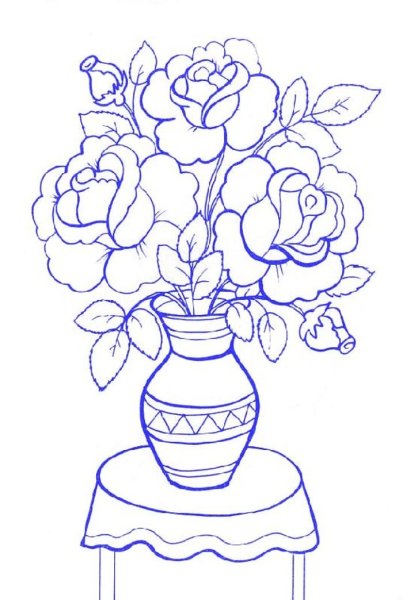 Раскраска три розы в вазе