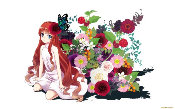 Аниме девушка цветы