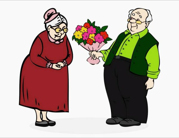 Старик дарит цветы бабушке