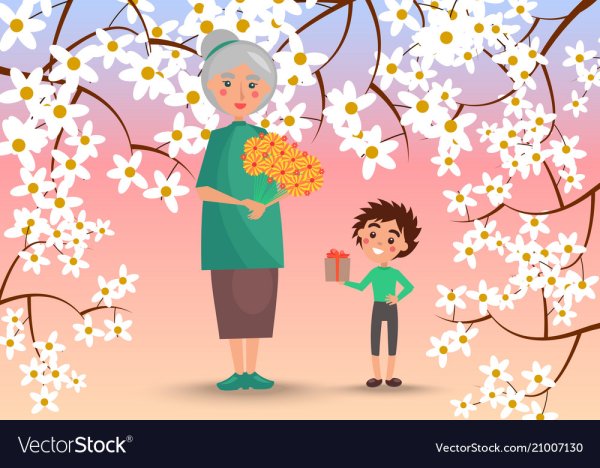 Внучка дарит бабушке цветы