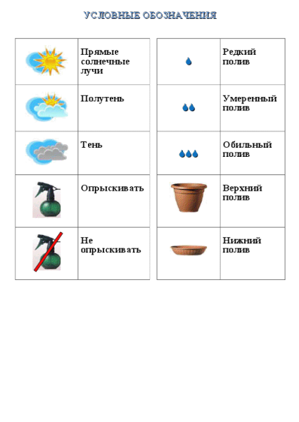 Условные обозначения по уходу за растениями