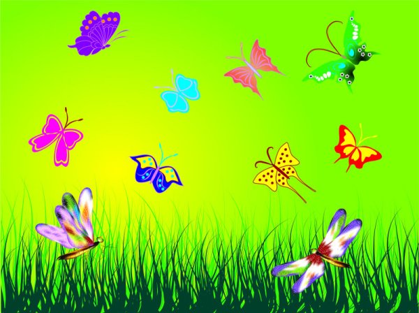 Полянка с цветами и бабочками