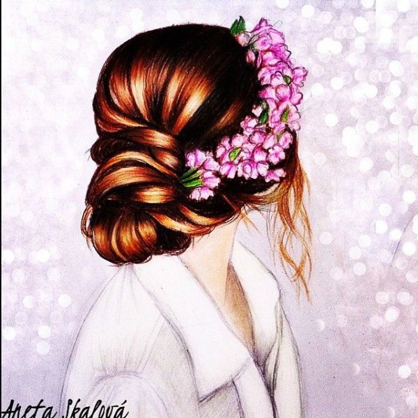 Девушка с цветами со спины рисунок