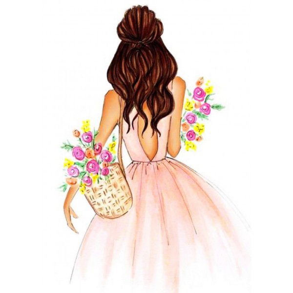 Нарисованная девушка с букетом со спины