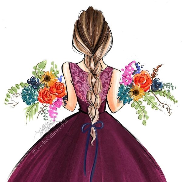 Девушка с охапкой цветов акварелью