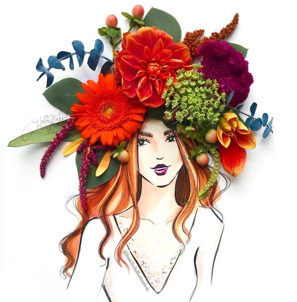 Нарисованная девушка с букетом