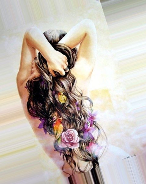 Нарисованная девушка с цветами со спины