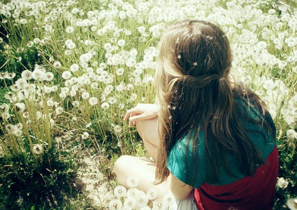 Брюнетка в цветах в поле