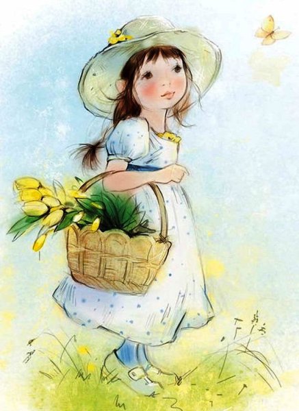 Девушка с цветами мультяшная