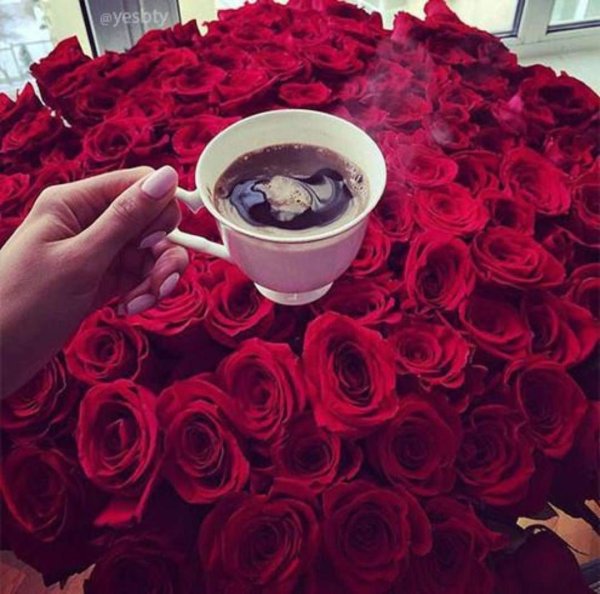 Букет роз и кофе