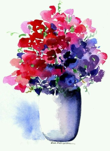 Цветы в вазе акварелью