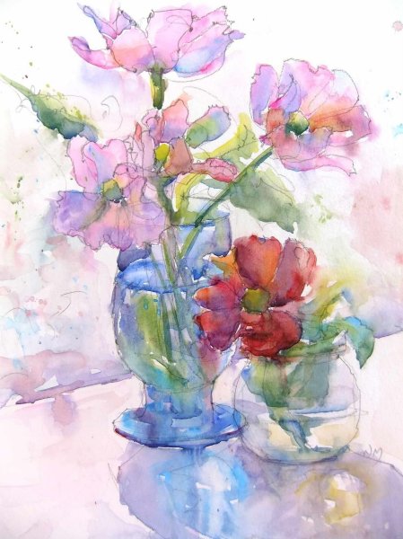 Цветы в вазе акварелью