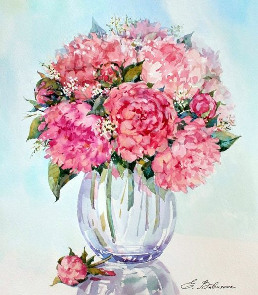 Цветы в вазе акварелью