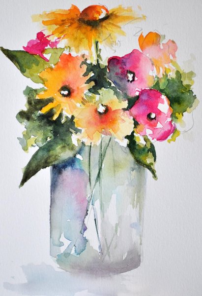 Цветы в вазе акварелью