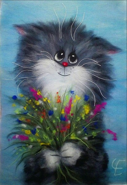 Кот живопись шерстью