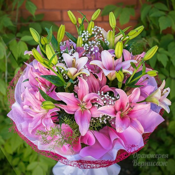 Лилии и гипсофила букет