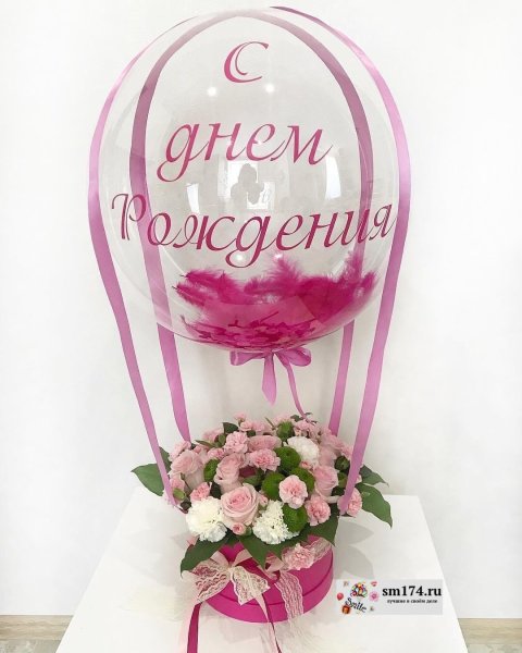 Воздушный шар с цветами в коробке