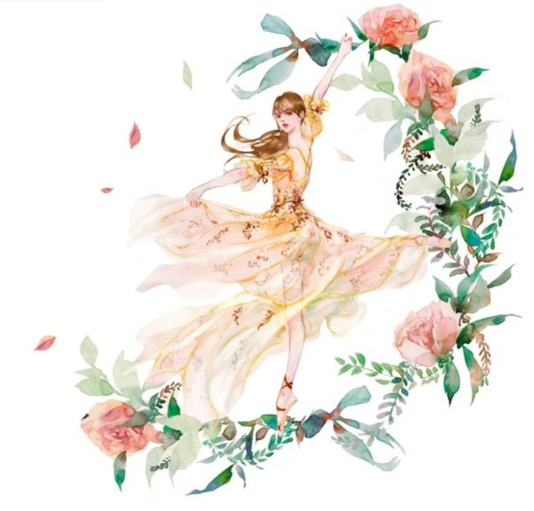 Танец и цветы акварель