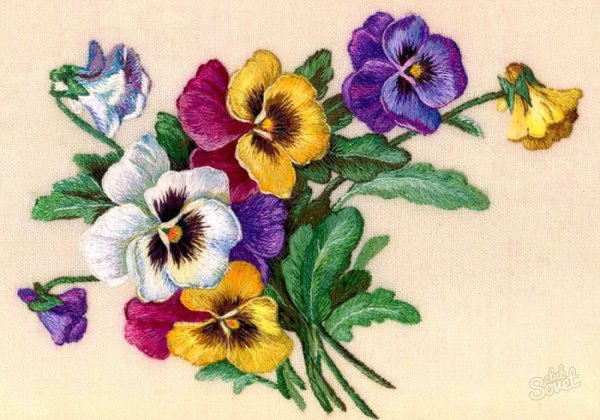 Вышивание гладью Анютины глазки