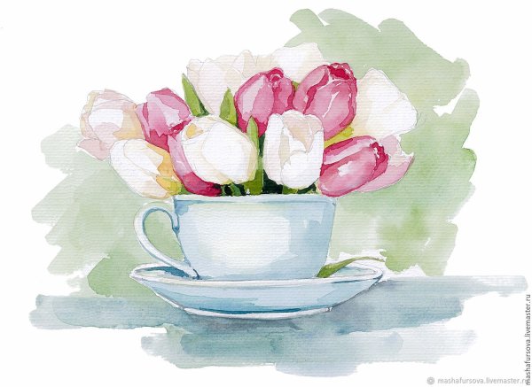 Цветы в чашке акварель
