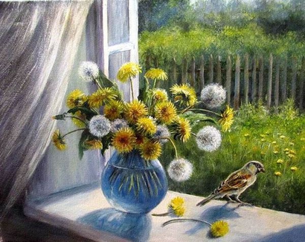Натюрморты живопись одуванчики на окне