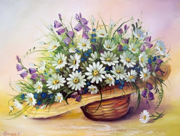 Акварель полевые цветы в корзине
