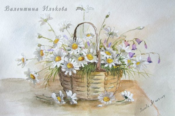 Корзина с цветами акварель
