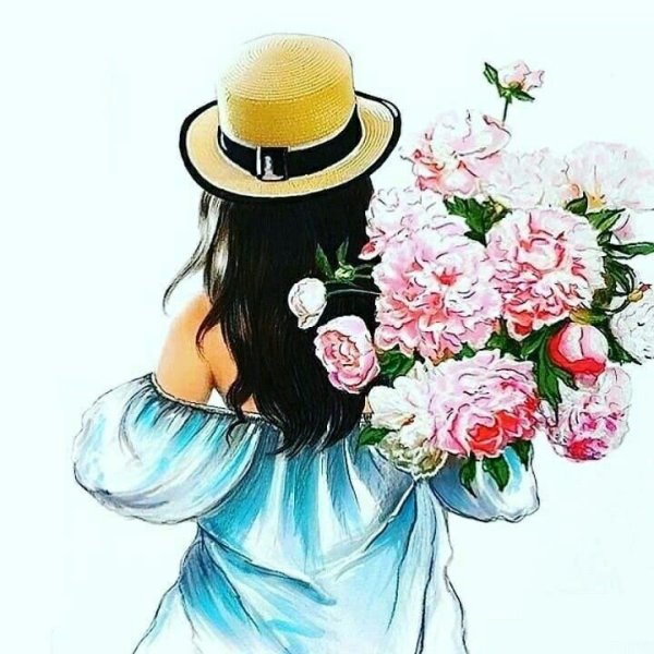 Нарисованная девушка с букетом