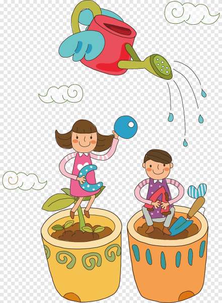 Цветы малышей поливают из лейки