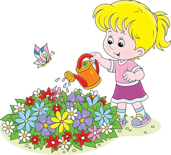 Ребенок поливает цветы