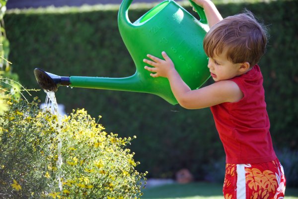 Мальчик поливает цветы