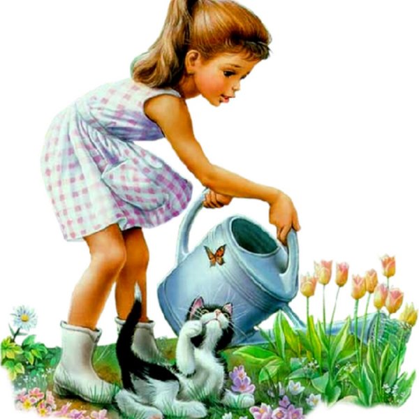 Девочка поливает цветы