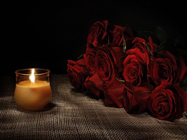 Траурные цветы лилии и горящая свеча на темном фоне