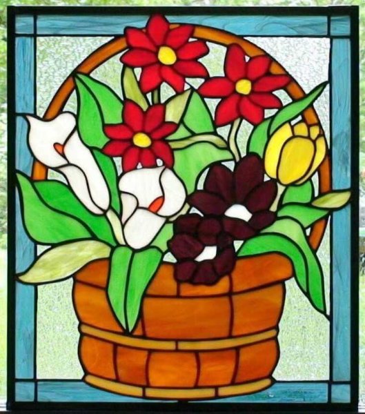 Витражные цветы в горшках