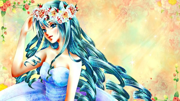 Аниме девушка с цветами в волосах