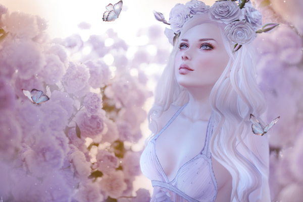 Девушка фэнтези в розовыми цветами