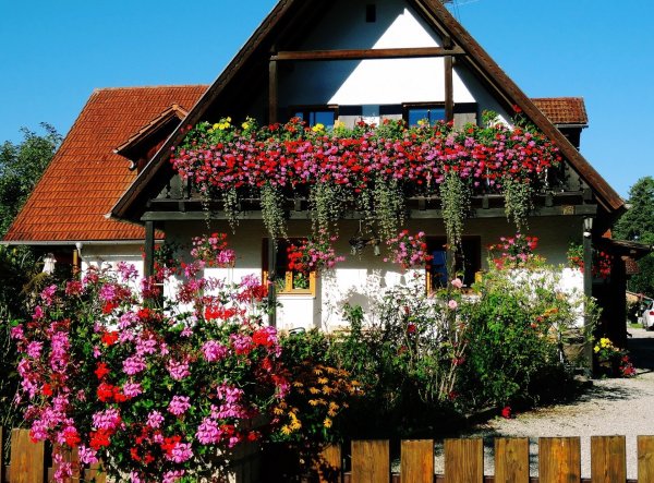 Украшение фасада дома цветами
