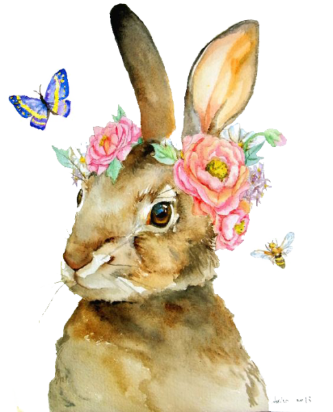 Зайчик с цветами акварель