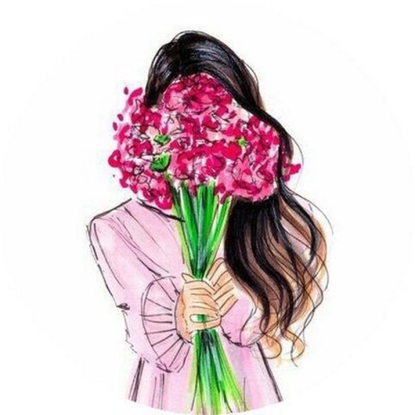 Нарисованная девушка с цветами со спины