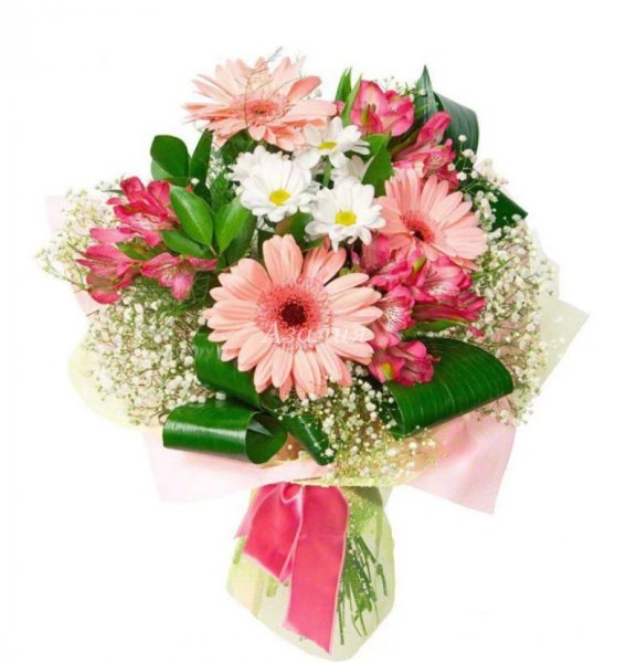 Букет герберы хризантемы альстромерии гипсофила